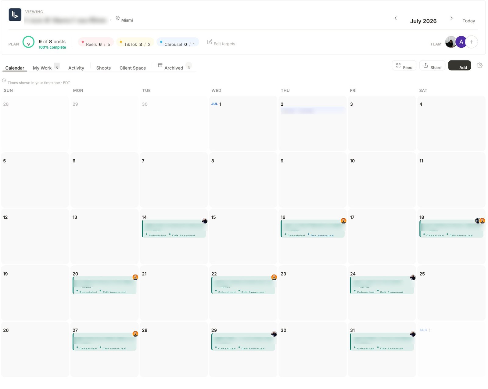 The Koza client portal showing a fully planned monthly content calendar with post statuses